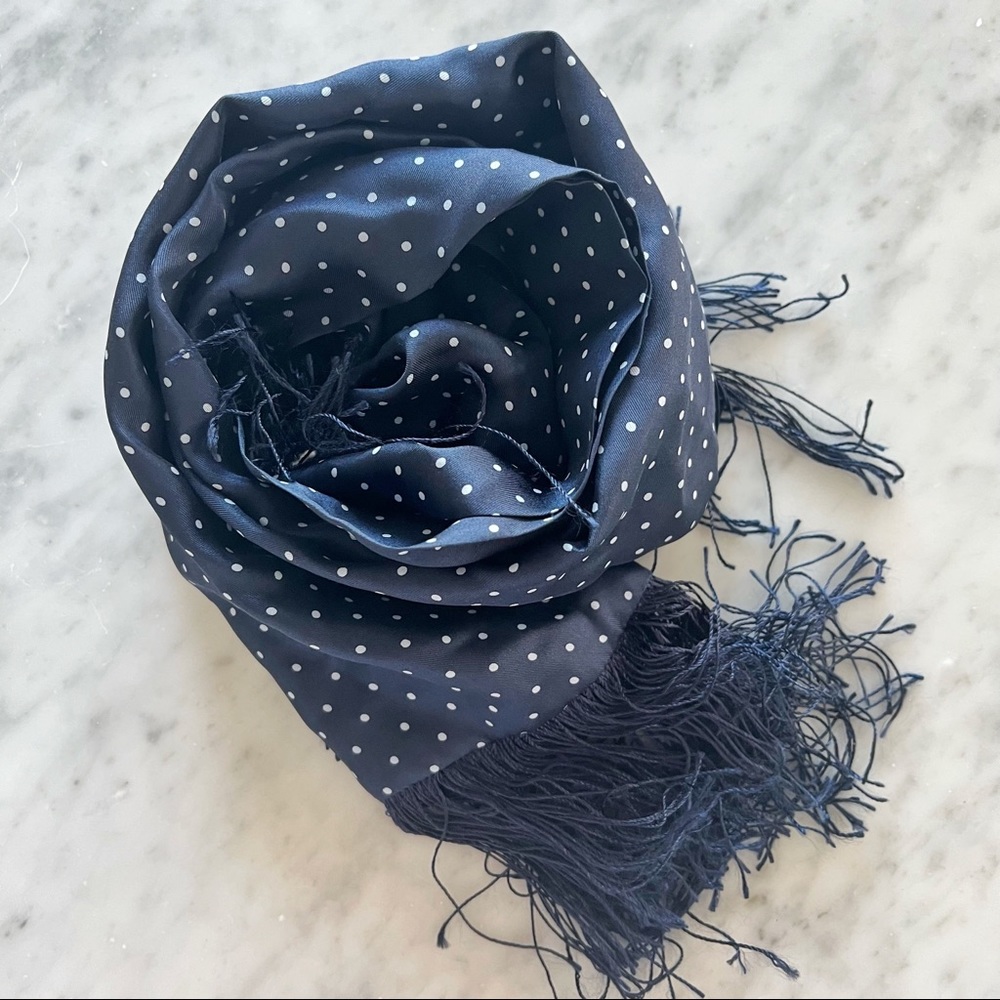 JCrew silk blue and white polka dot scarf with fringe